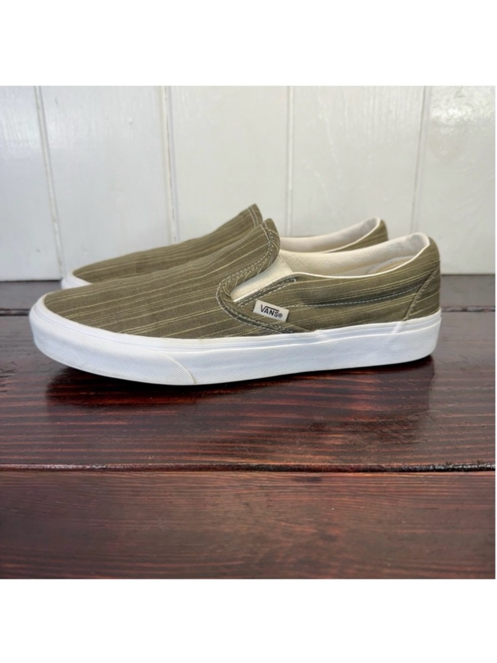Vans Classic Slip-On Sneakers – Green Pinstripe Suiting Fabric - Men’s 9